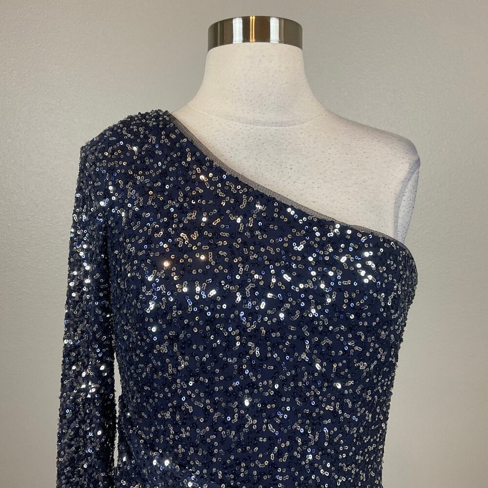 Betsy & Adam Blue Cocktail Dress Sequin One Shoulder Long Sleeve Sheath Size 10 - Picture 8 of 13